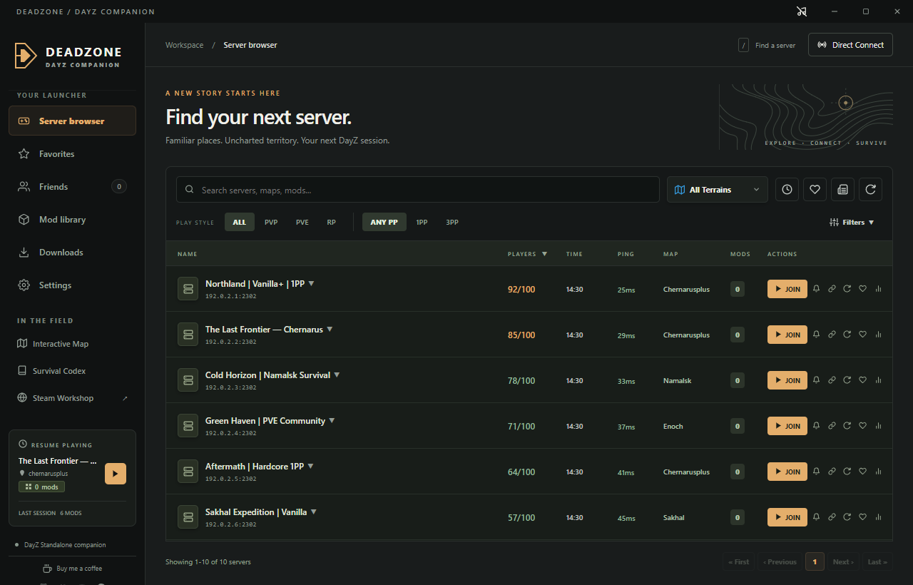 DEADZONE launcher server browser with player counts, map filters and server search